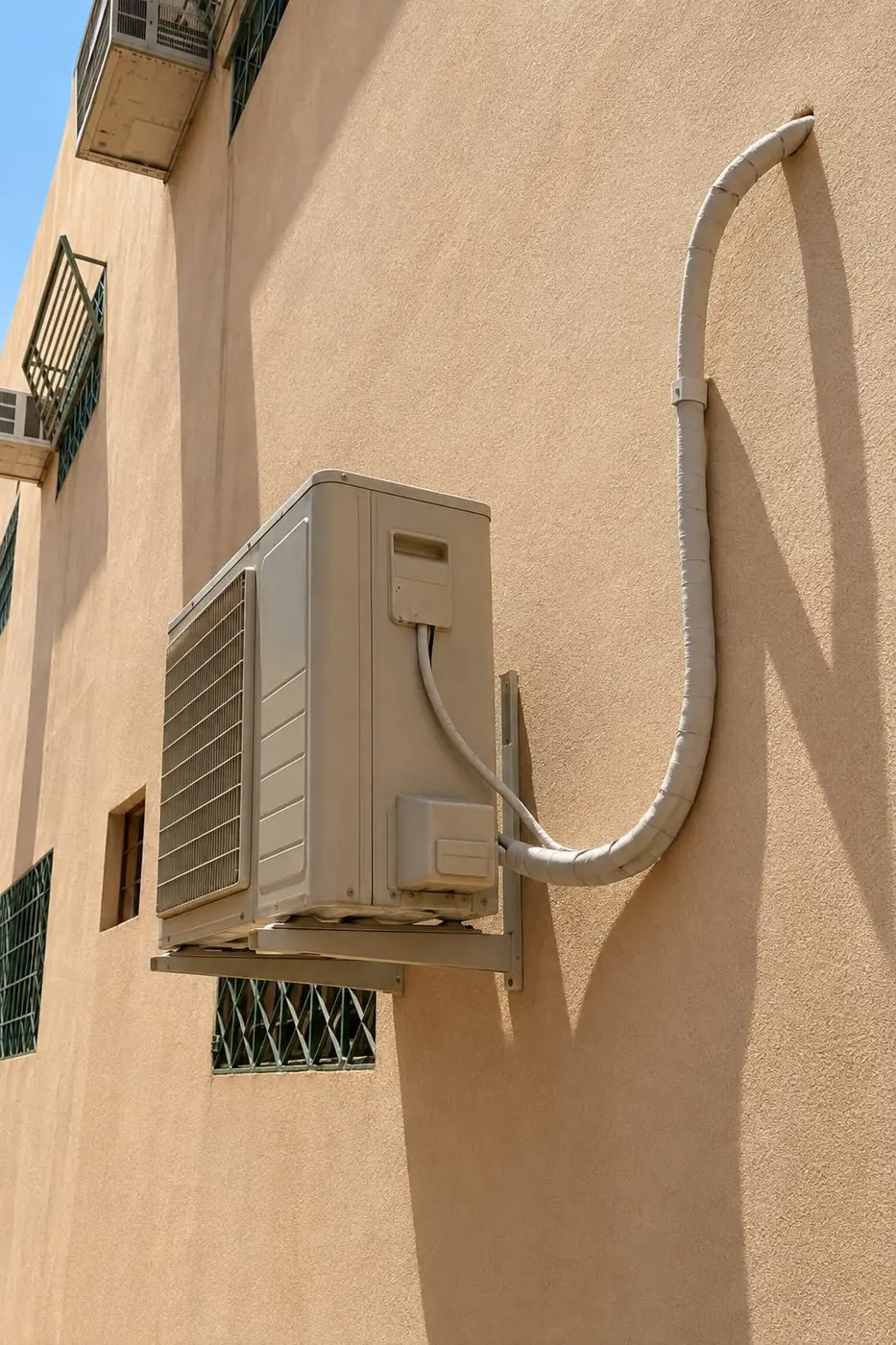 وحدة تكييف خارجية على حامل جداري مع تمديدات النحاس