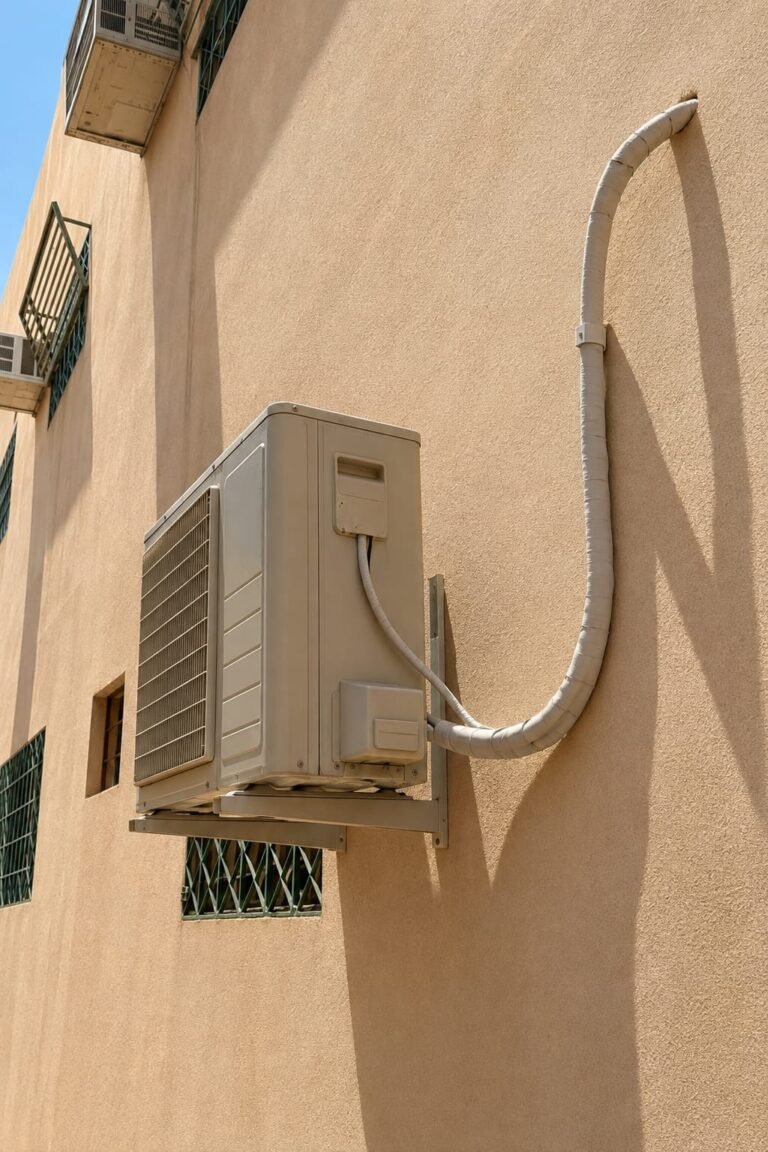 بعد تعديلنا: وحدة مكيف خارجية بتمديد نحاس مرتب ومعزول